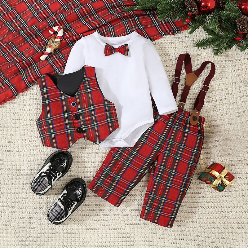 Foreign Trade European and American Boys' Suit Dress suit Spring and Autumn Gentleman British Style Three-piece Baby Christmas Clothing