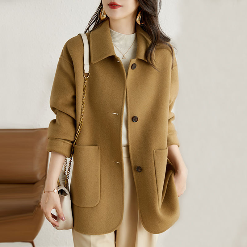 Woolen coat for women 2023 autumn and winter New Korean style camel simple woolen coat single-breasted Hepburn style coat for women
