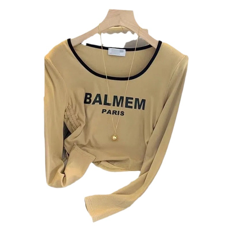 Contrast Color Letter Drawstring Tight Waist Shoulder T-Shirt Women's 2024 Early Autumn Clavicle Sexy Spice Girl Long Sleeve Short Top