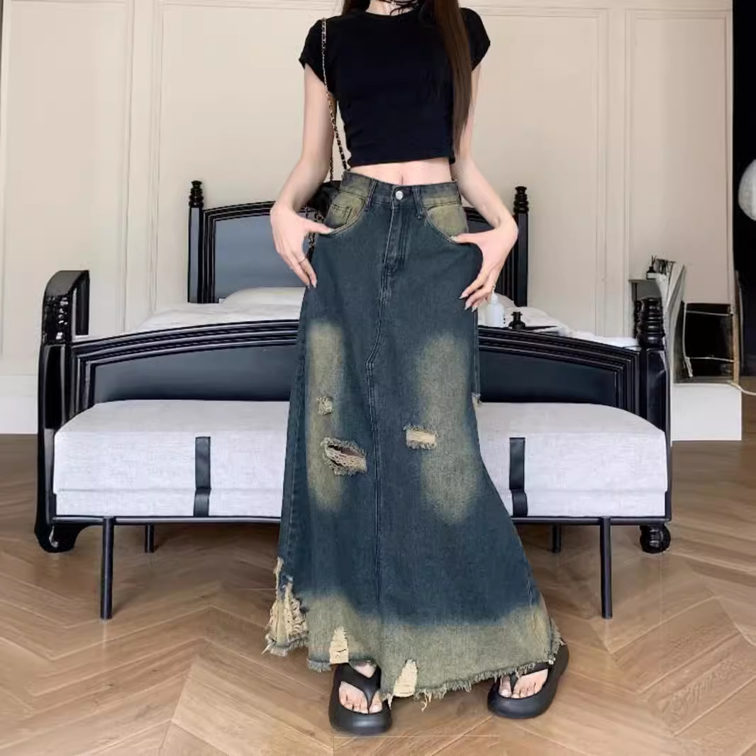 American-style Rip Denim Skirt Women's Summer New Elegant Slim A- line Hip Skirt One-step Skirt Long Skirt