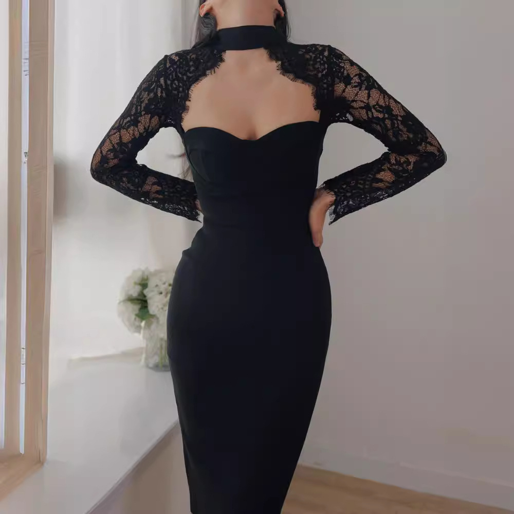 Sexy Neck Tube Top Lace Dress AliExpress wish Explosions Banquet Bandage Dress Autumn and Winter Long Sleeve