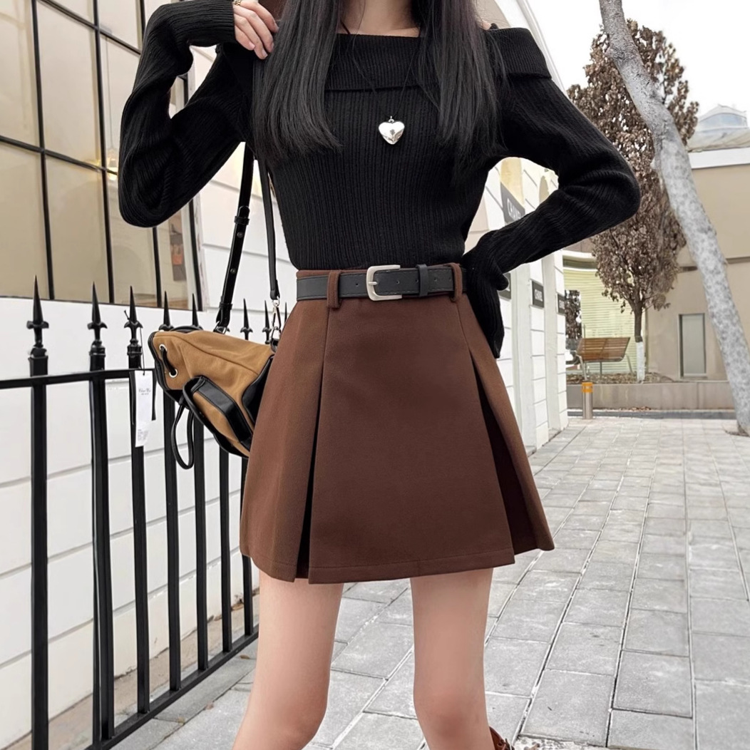 brown Wool Pleated Skirt Women's Autumn and Winter 2024 New Slimming High Waist Hip Skirt A Short Skirt