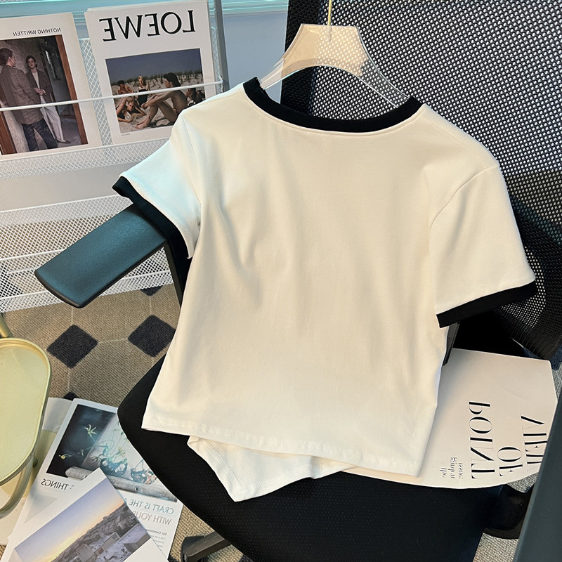 Picture of Short-Sleeved Women's Design Contrasting Color T-Shirt 2025 New Summer Fashion Chic Asymmetrical Short Student Top
