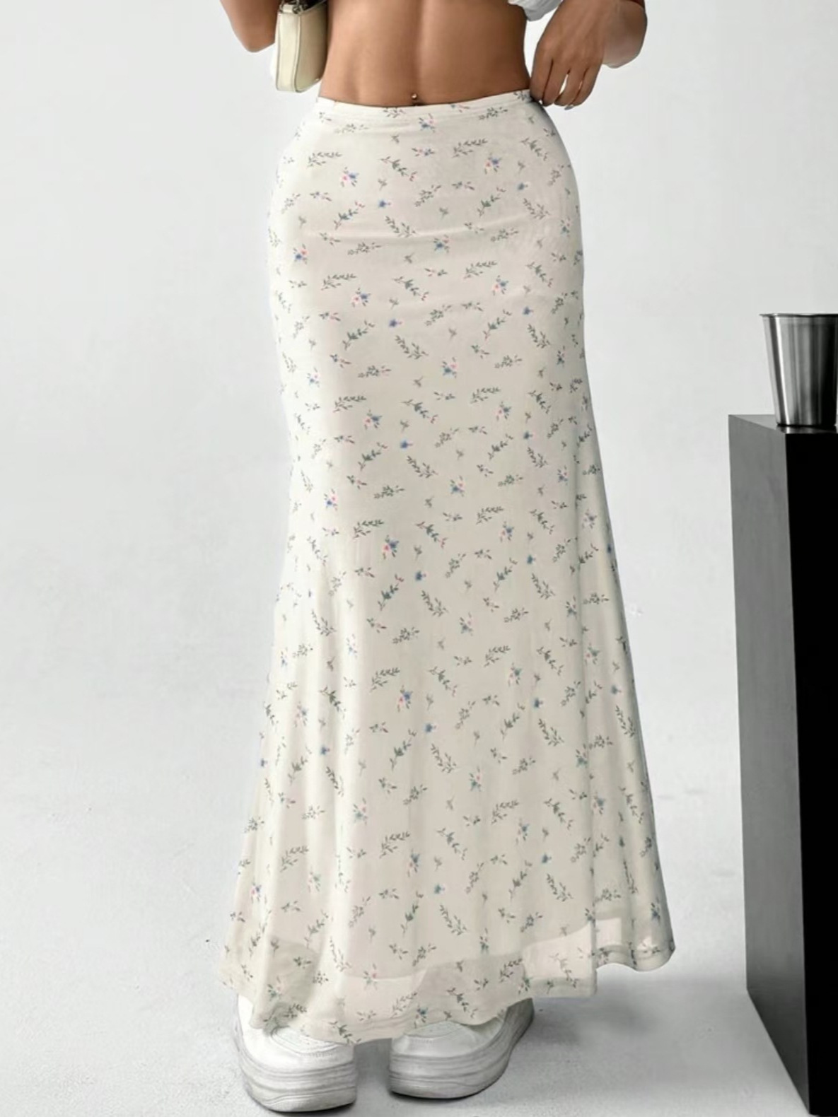 Ayj25L2502025 Forest Floral Chiffon Fishtail Long Skirt Pastoral Style Floral Draped Long Skirt