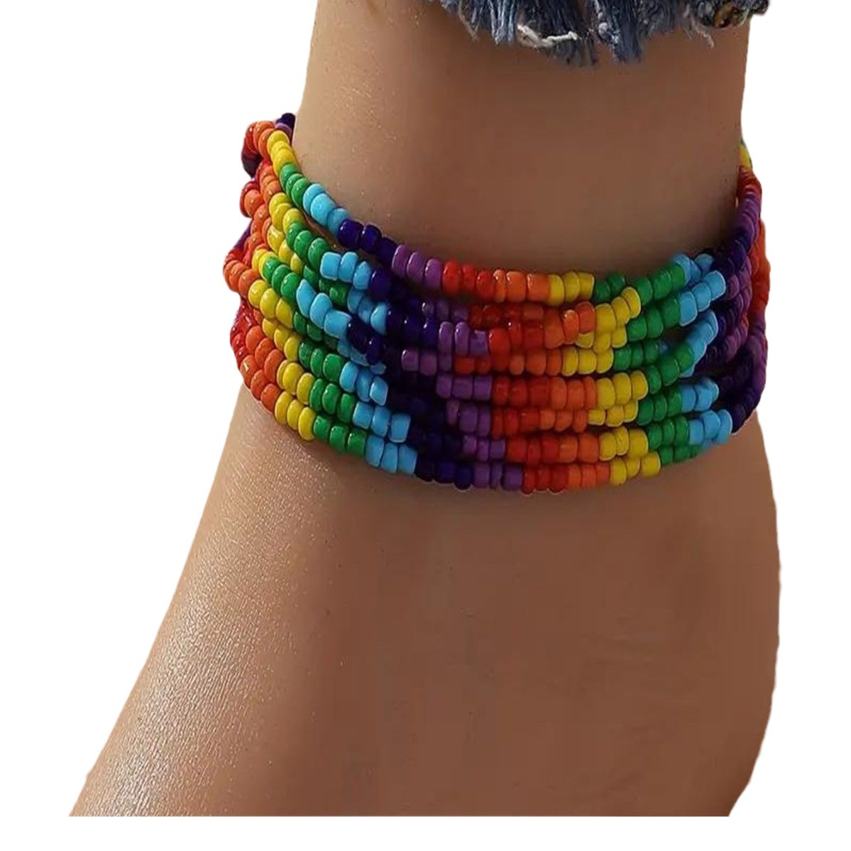 [8Pcs] European and American Xiyin Cross-Border Popular Rainbow Anklet Bohemian Rice Beads Elastic Thread Beaded Accessories