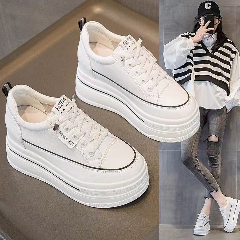 Explosions board shoes women's thick bottom increased women's shoes 8cm muffin thick bottom 2025 spring leather new white shoes for women