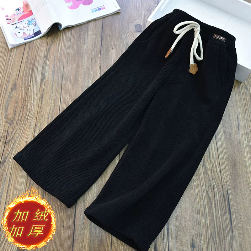 Corduroy Girls' Velvet Thickeneded Wide-Leg Pants, Big Kidsren's Loose Straight Pants, Autumn and Winter Style Kidsren's Casual Pants