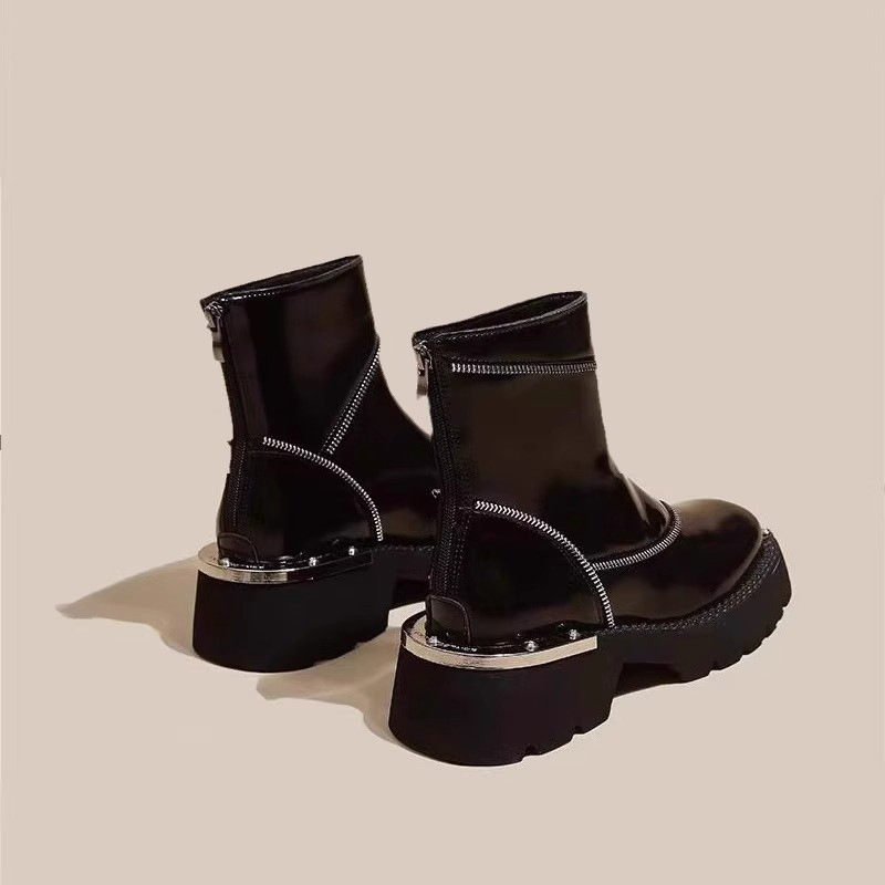 Thick-soled Martin Boots Women's Autumn and Winter New British Style Square Toe Chelsea Boots Retro Metal Functional Short Boots