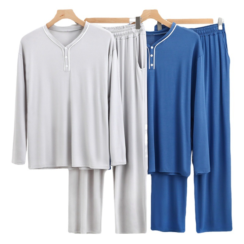 Modal Home Clothes Large Size Men's Half Door Henley Shirt Round Neck V-Neck Long Sleeve Trousers Casual Suit