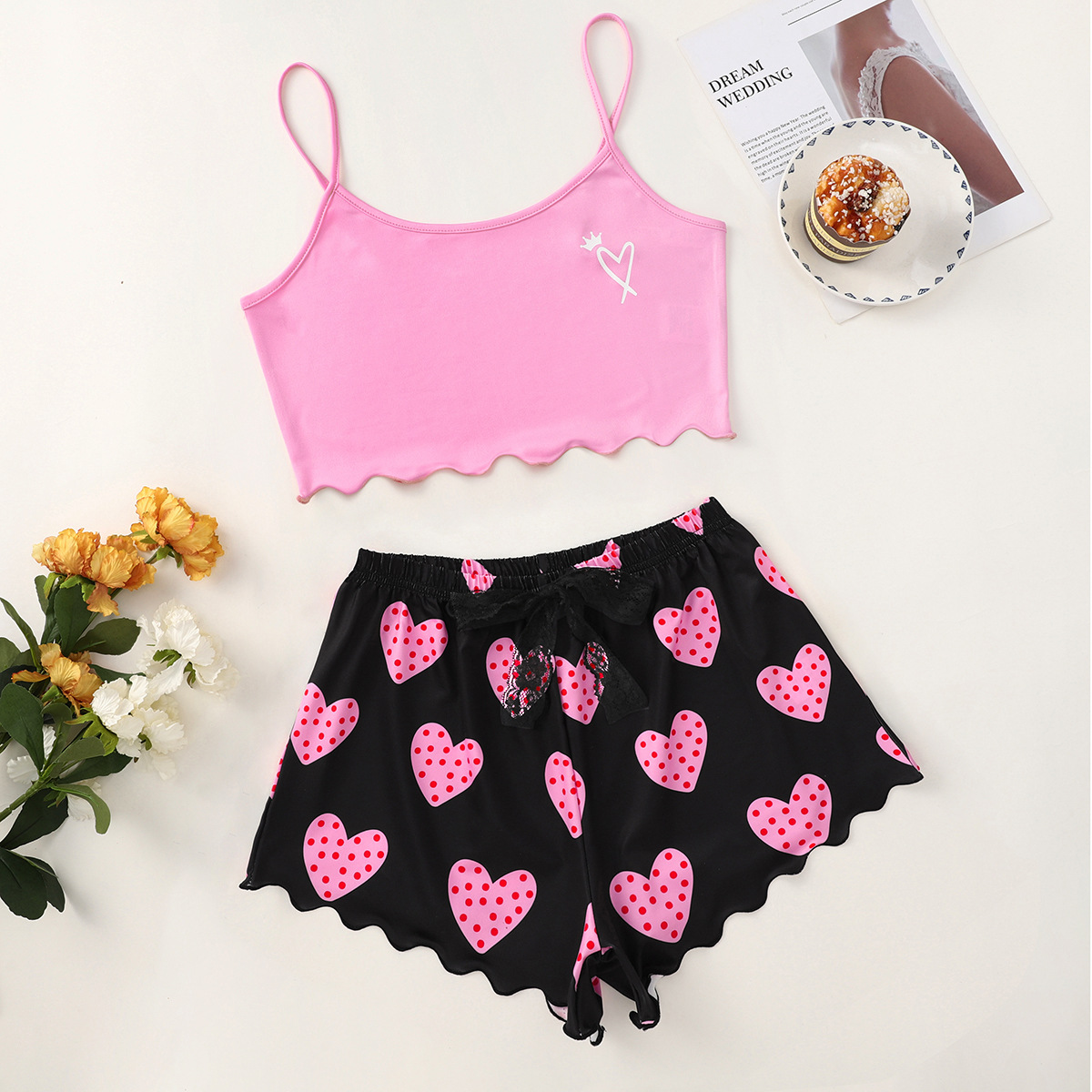New Arrival Heart Print Camisole Top and Heart Print Shorts Home Wear Set TL9613