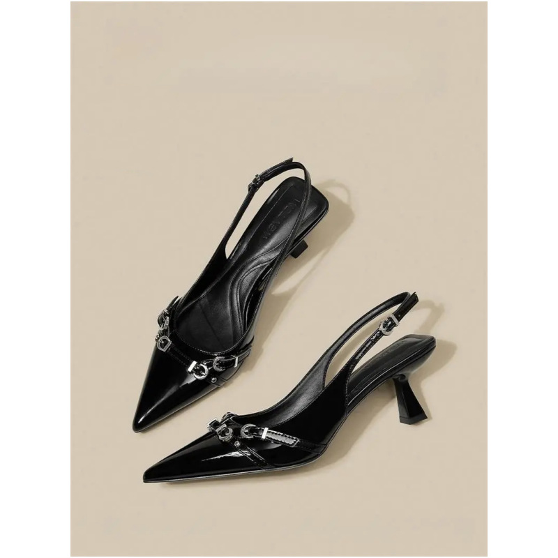 Chanel Style Black Patent Leather Pointed Shaped Heel High Heel Shoes 2024 Spring New Supermodel Same Style Fashion Sandals
