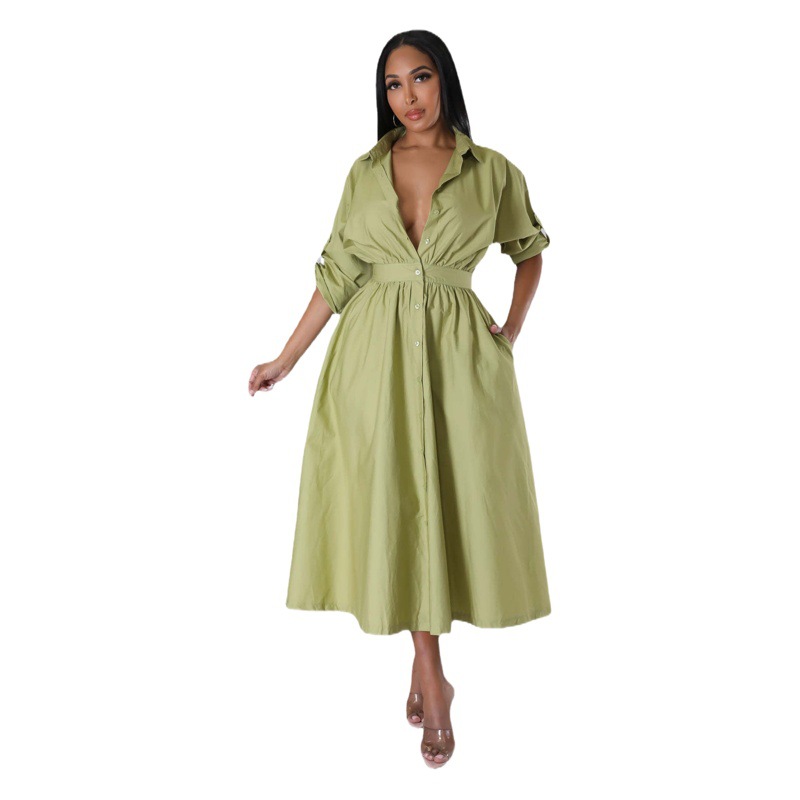 AJ4383 European and American Women's Dress Fashion Micro-elastic Shirt Dress Waist Loose Long-sleeved Dress