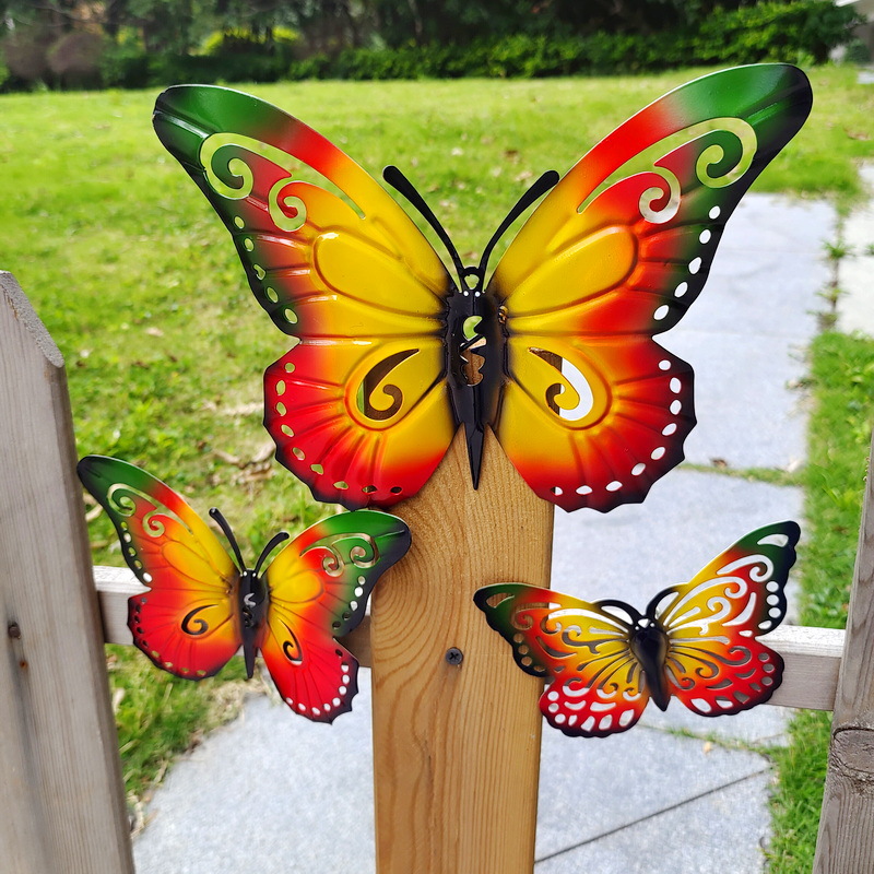 Indoor and outdoor wall decoration landscape warm painted butterfly creative animal iron wall decoration 3d garden pendant
