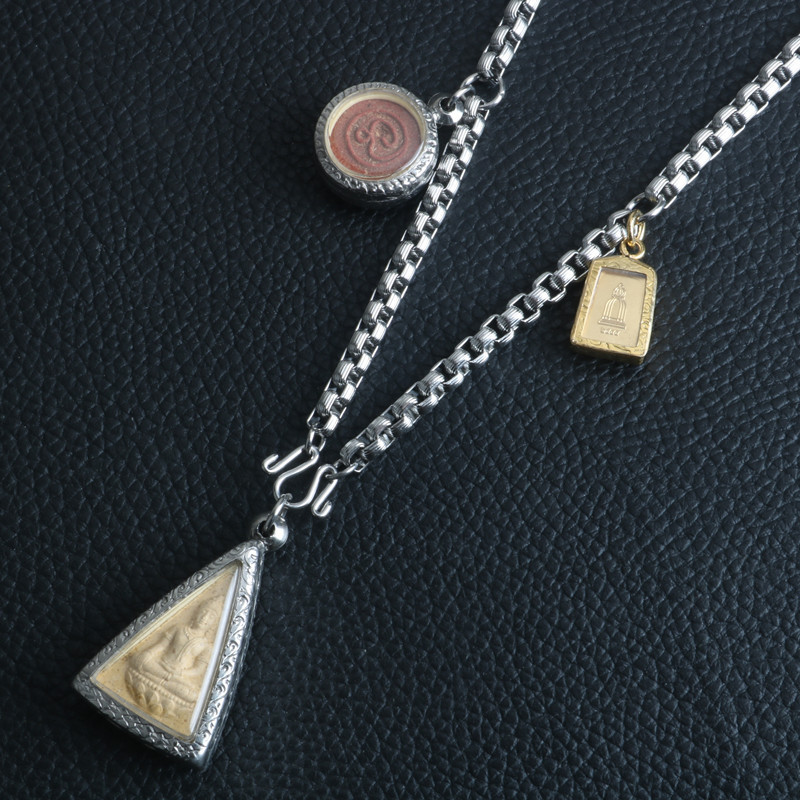 Picture of Guan Gong Guanyin Buddha Pendant Stainless Steel Embossed Square Pearl Chain Three Hanging Thai Buddha Chain Titanium Steel Necklace for Men and Women