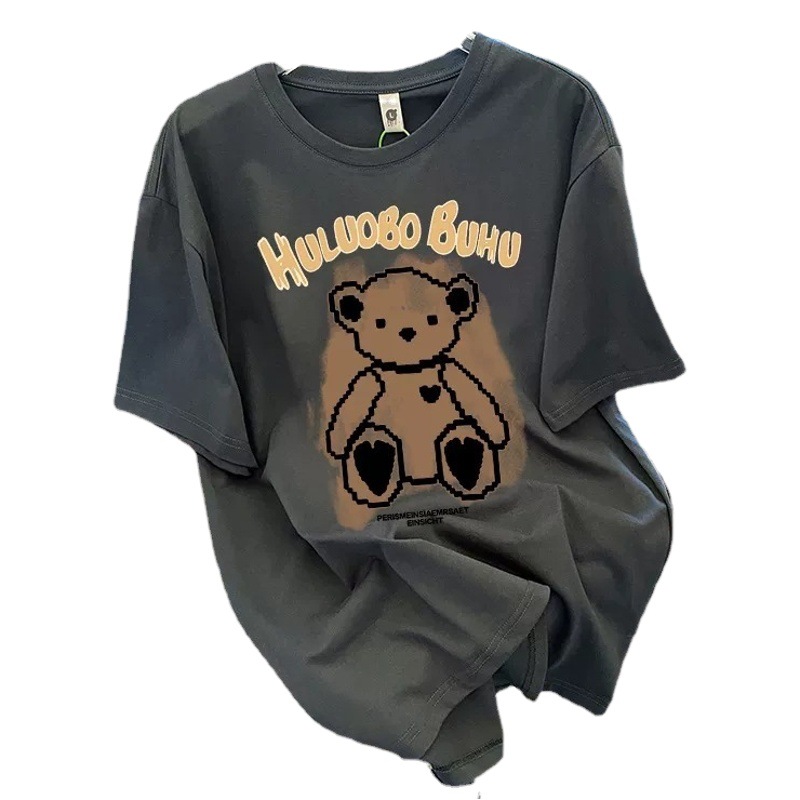 Bear Short-sleeved T-shirt Women's 2023 Summer New Korean-style Loose American-style Retro Slimming Half-sleeved Clothes Ins Trendy