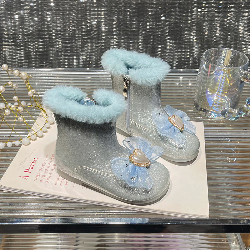 Girls Princess Boots 2025 Autumn and Winter New Style Little Girls Fashion Bow Single Boots Plus Velvet Warm Children's Short Boots