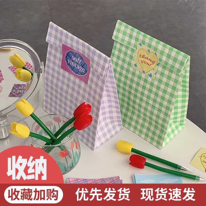 Colorful Plaid Kraft Paper Bag Girl's Desktop Daily Necessities Storage Paper Bag Candy Snack Packaging Gift Paper Bag