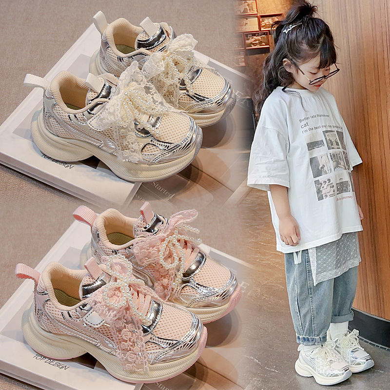 Girls' sneaker Fashion Torre Shoes 2025 Spring New Style Middle and Large Children's Lace Net Girl's Fashion Casual Shoes