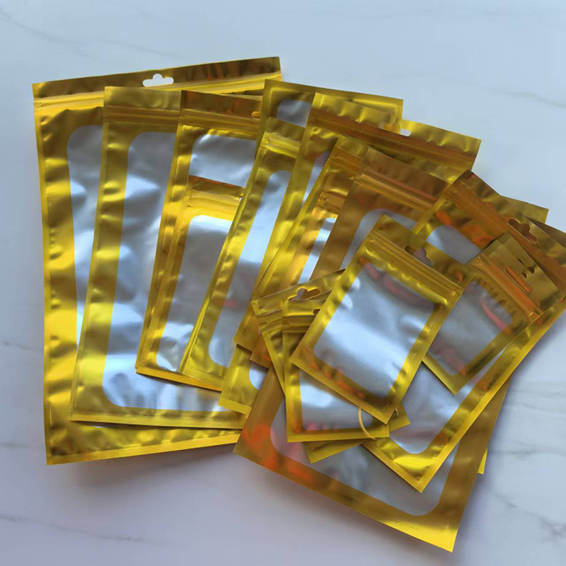 Gold Matte Aluminum Window Bone Bag Jewelry Gift Frosted Yin and Yang Ziplock Bag Mobile Phone Case Plastic Accessories Packaging Bag
