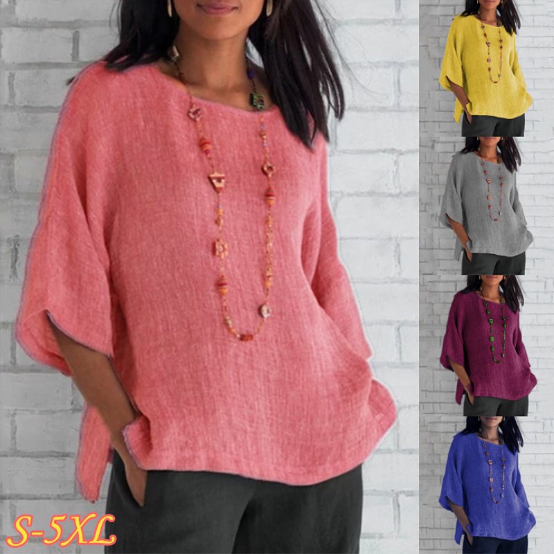 2024wish eaby Amazon new foreign trade women's seven-point sleeve round neck cotton and linen shirt top in stock