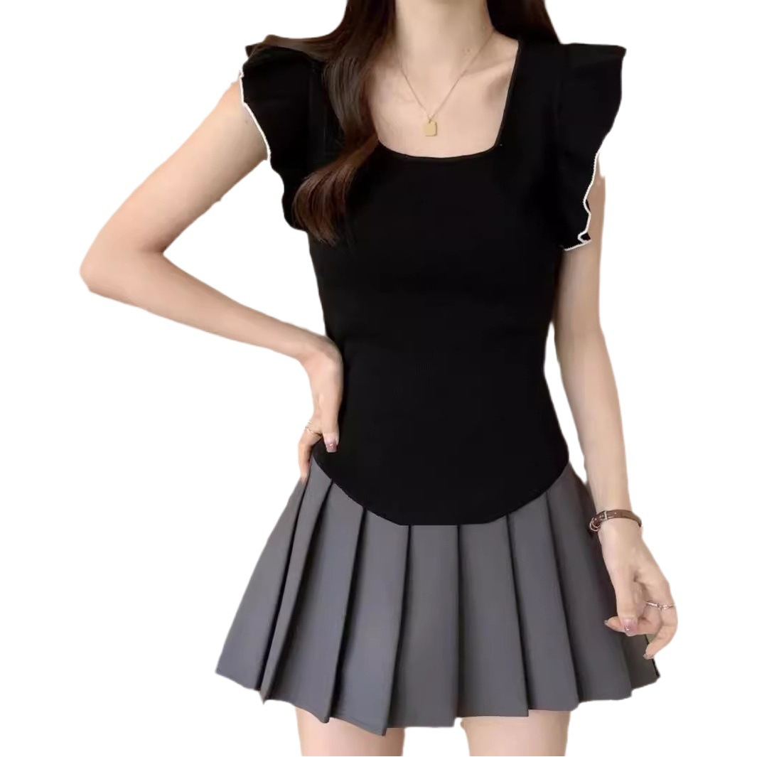 Summer New Square Collar Solid Color Lace Sleeve Back Waist Tether Short Sleeve Waist Slimming Knit Top Simple