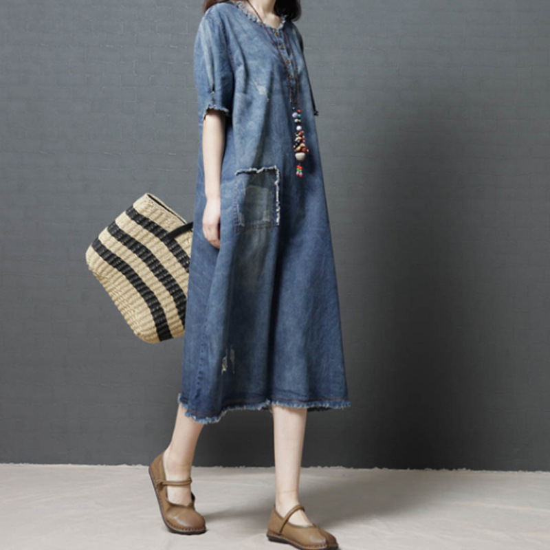 2023 Summer New Korean Style plus size Retro Casual Loose Short Sleeve Mid-length Old Tassel Denim dress