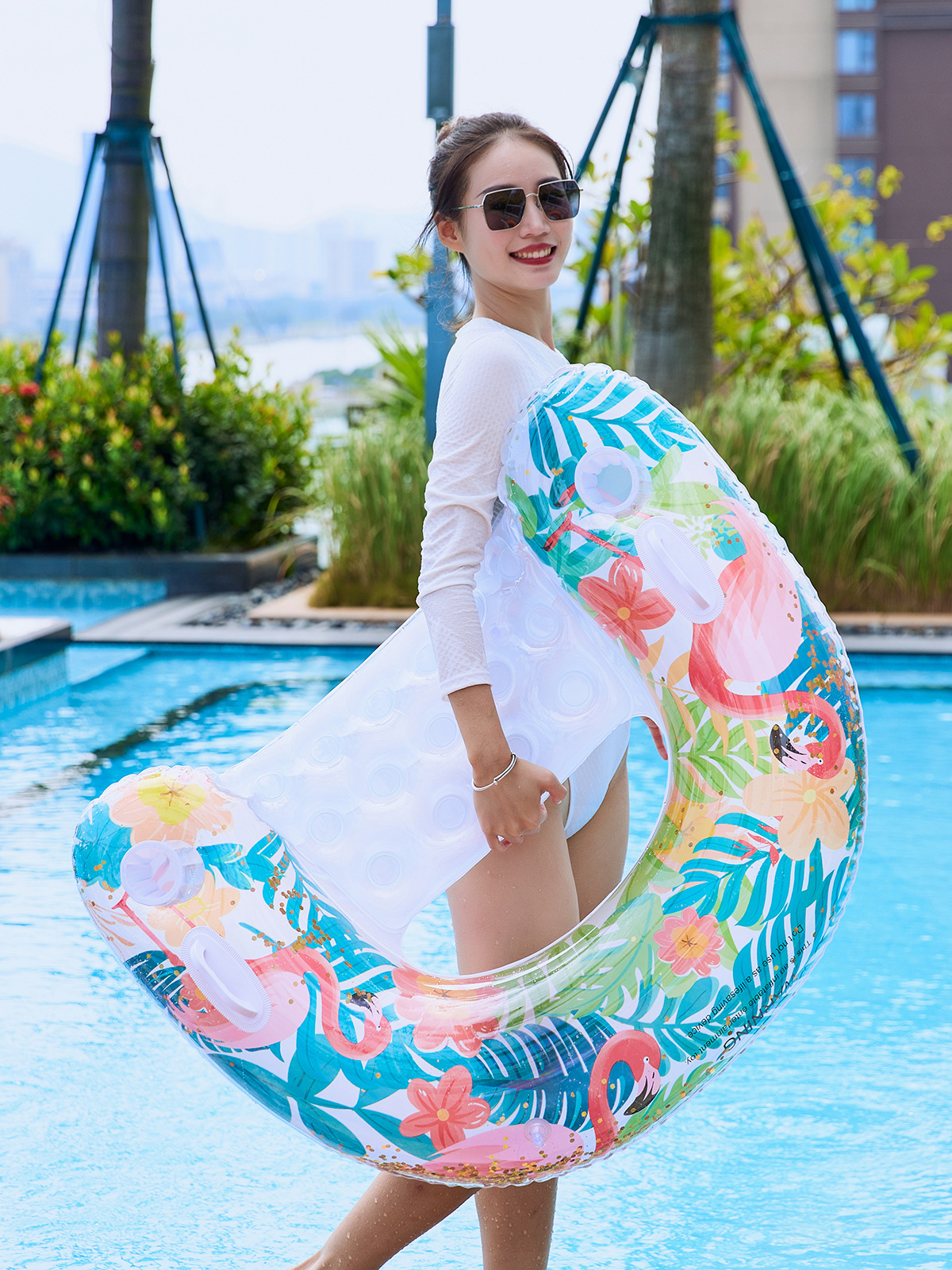 Amazon Hot Sale Adult U-shaped Recliner with Handle with Sequin Flamingo Inflatable Floating Water Sofa