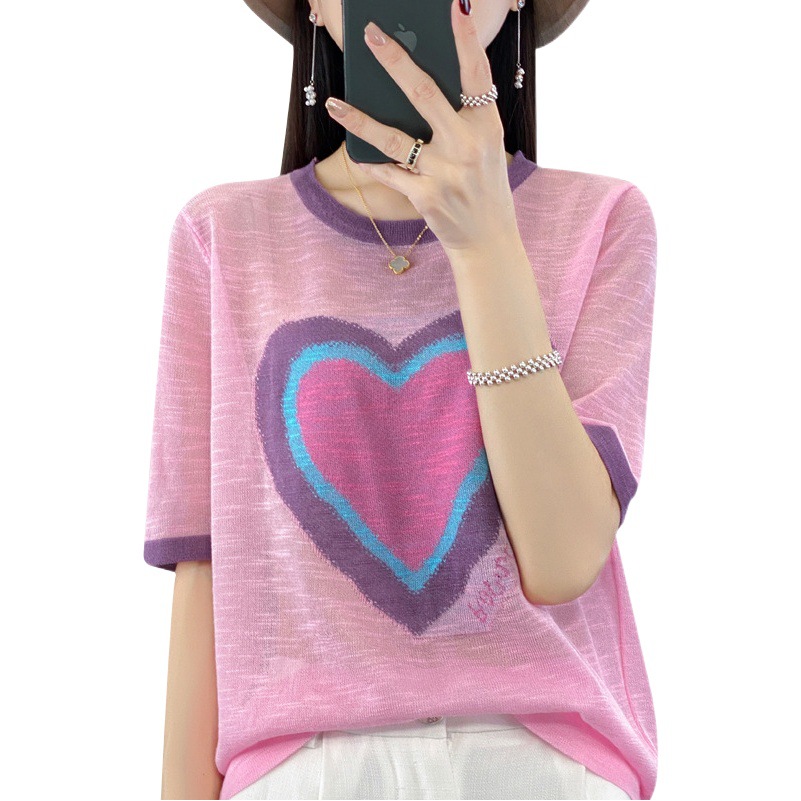 Ice Silk Short-Sleeve T-Shirt for Women, Summer Silk Heart-Pattern Top, High-End Bamboo Knit Base T-Shirt, European and American Style