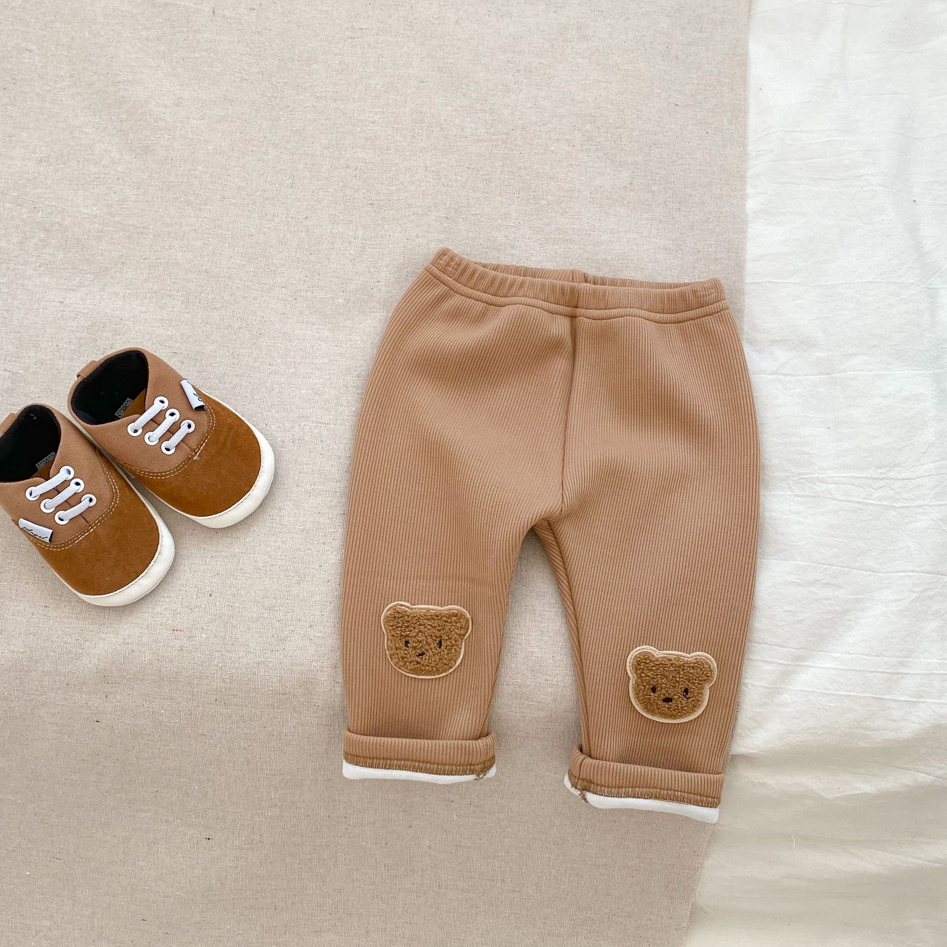 Picture of Winter new boys and girls baby fleece-lined leggings comfortable cute bear three-dimensional embroidered casual warm pants