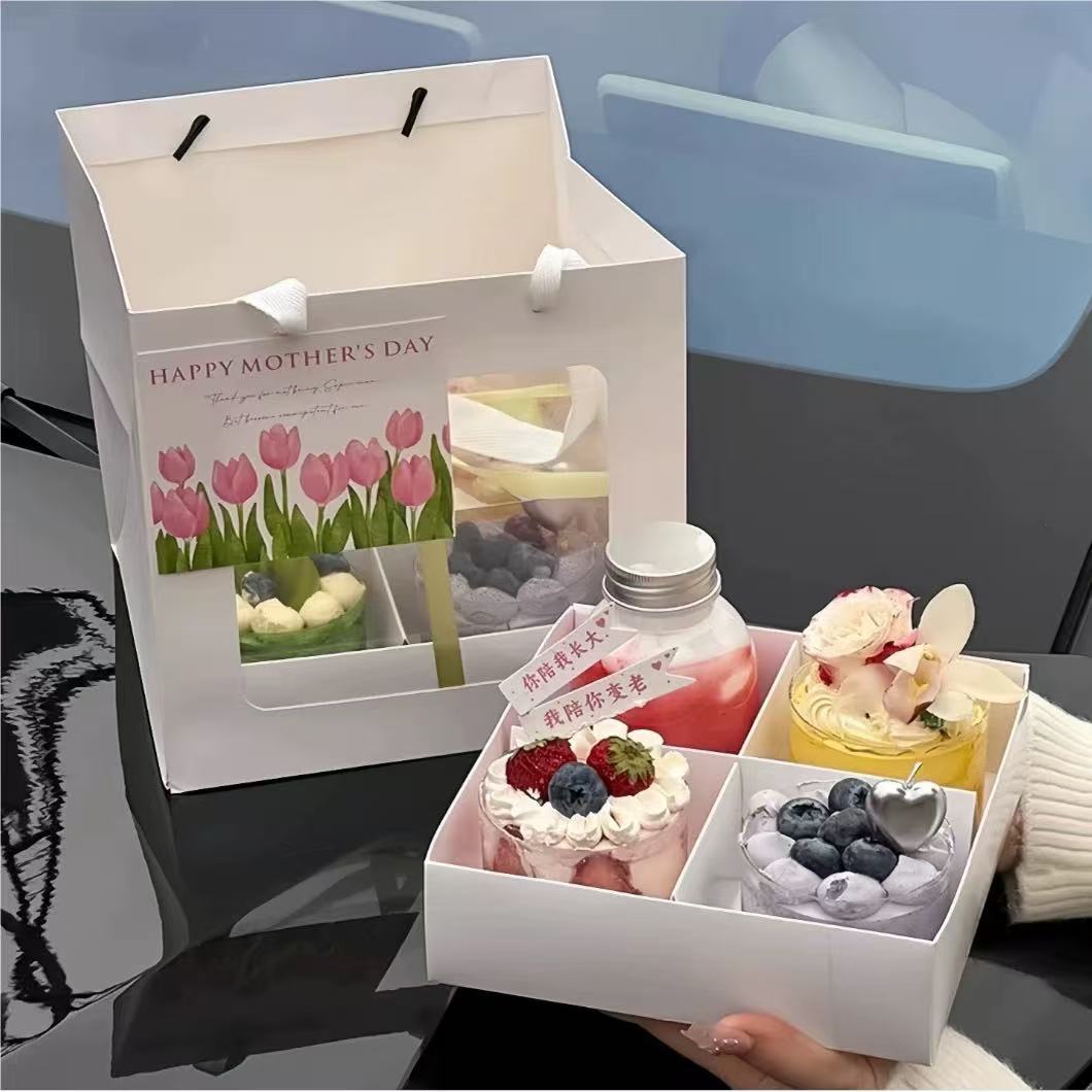 4 Four-Square Handbags, Spring Outing Picnic Boxes, Take-Out Gift Bags, Dessert Boxes, Packaging Handbags Wholesale