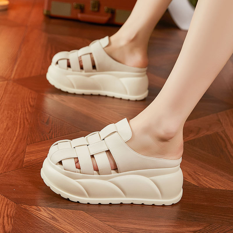 Thick-Soled Sandals for Women Summer 2025 New Braided Baotou Pig Cage Shoes Fashionable and Versatile Heightening Platform Roman Sandals and Slippers