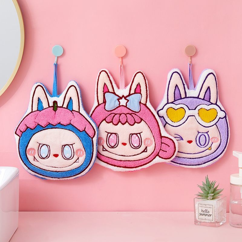 New Labubu Hand Towel Kitchen Bathroom Cute Hanging Hand Towel Thickeneded Water-Absorbent Cute Kidsren's Handkerchief