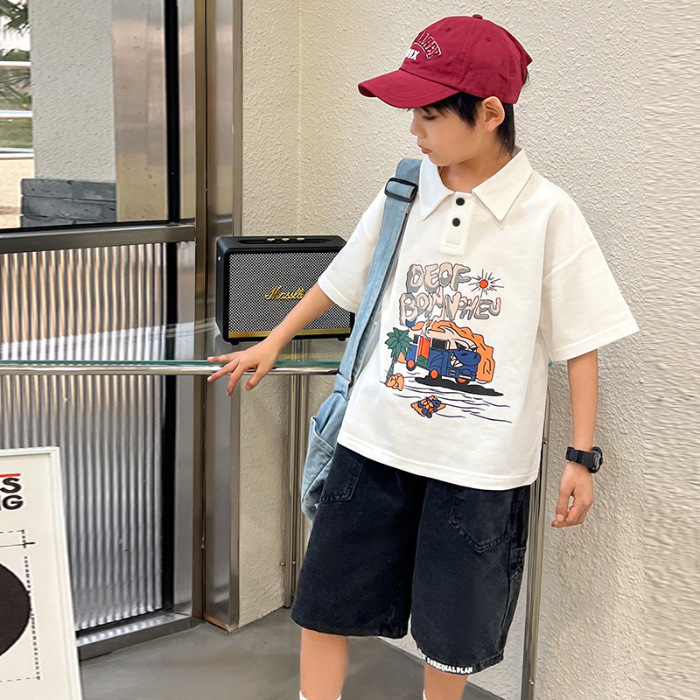 Picture of 100% boys' polo shirt monster RV T-shirt 2023 new medium and large Children primary and secondary school boys trendy cool
