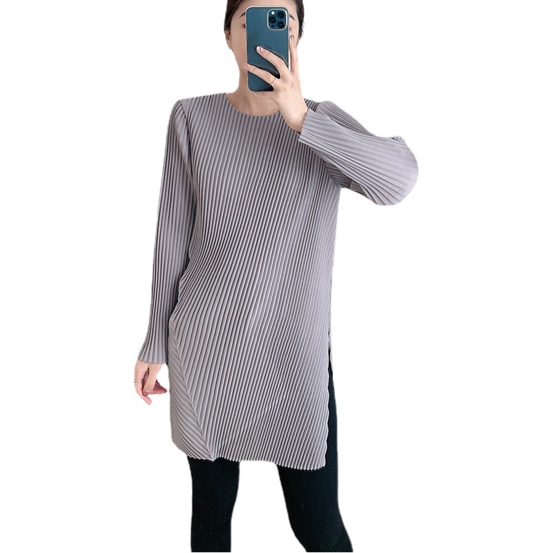 Mid-Length Pleated Top Women's T-Shirt Long-Sleeved Side Slit Spring and Summer New Miyake Pullover Bottoming Shirt Covering Buttocks and Slimming Look