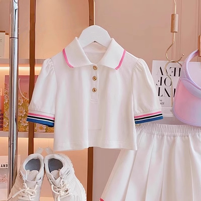 Picture of Girls' Summer College Style Suit Skirt New Short-Sleeved Pleated Skirt Fashionable Korean Style Two-Piece Set for Middle and Large Children