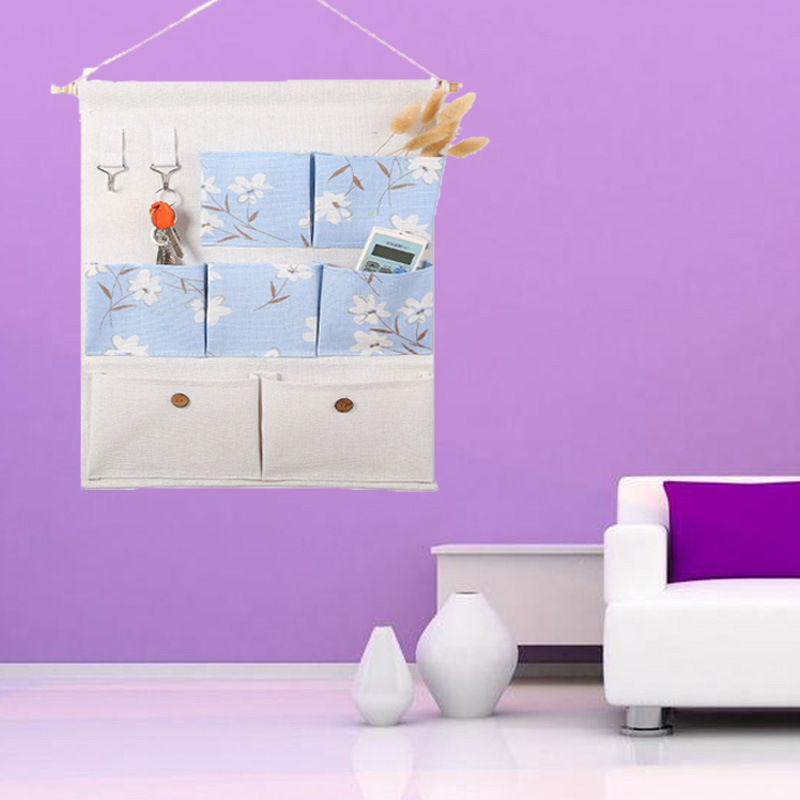 Creative Seven-pocket Hanging Bag Nordic Storage Bag Living Room Sundries Storage Blue Factory Wall-mounted Storage Box Cotton and Linen Storage Bag