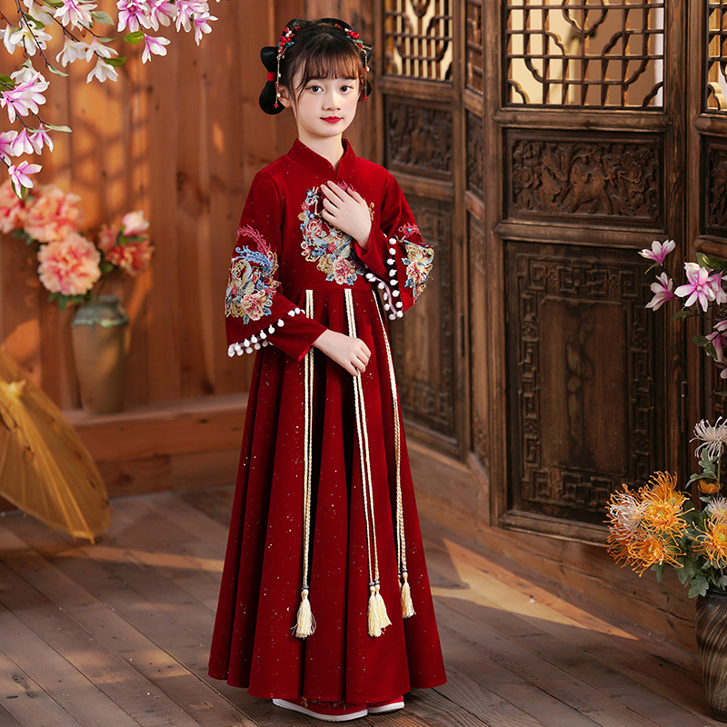 Children's Autumn and Winter Skirt fleece-lined Antique Princess Girls' Hanfu New Year's Eve New Year's Eve Clothing Winter Guofeng New Year's Eve Clothing