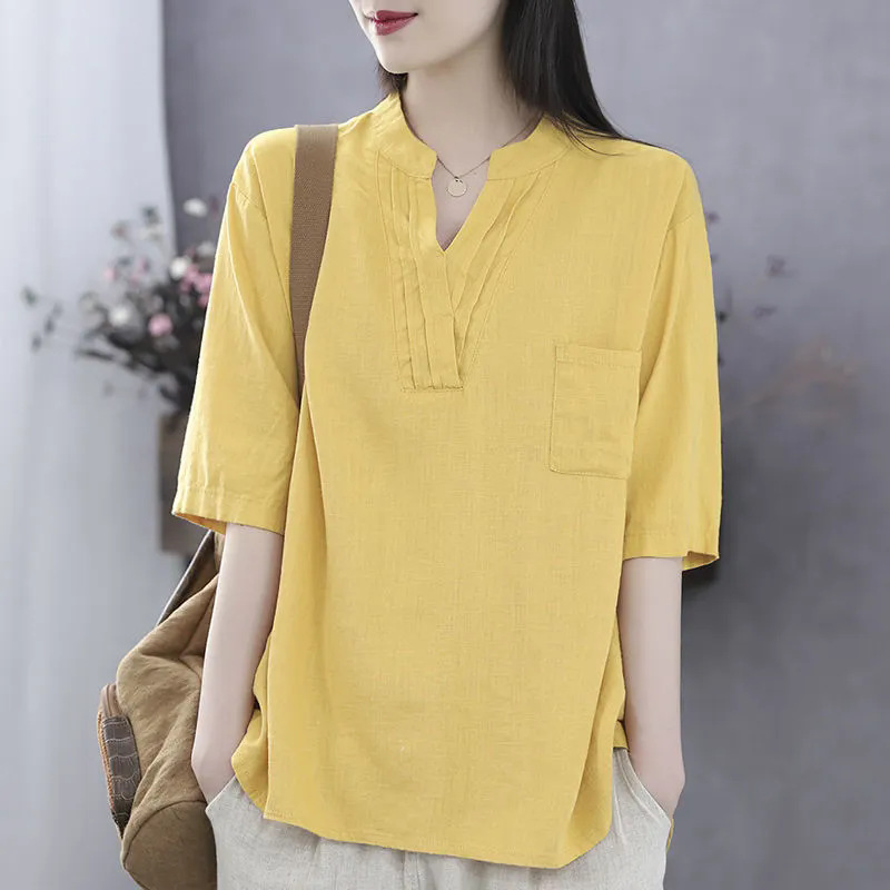 Women's 2024 Artistic Retro Summer New V-neck Cotton Linen Slim-fit Sleeve T-shirt Loose Casual Artistic Style Shirt