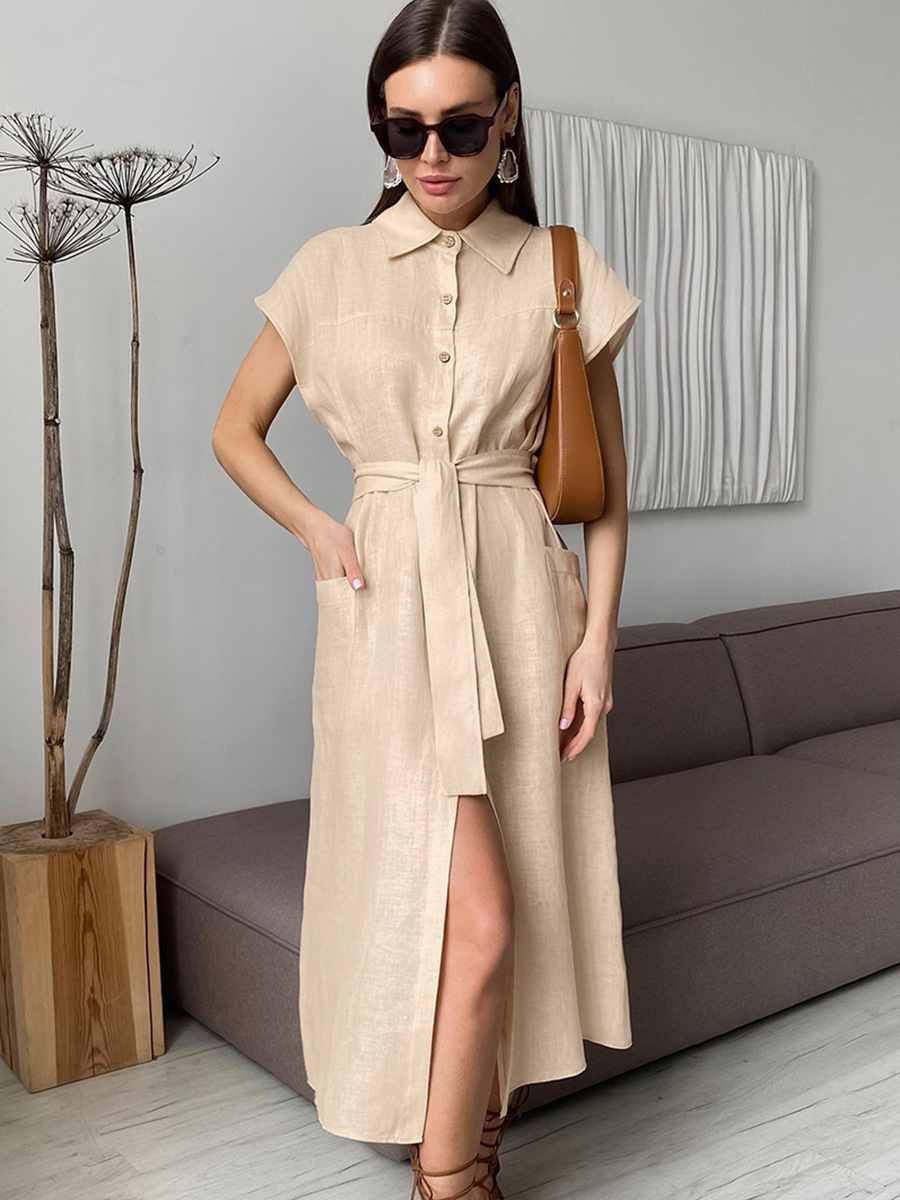 French Light Mature Blue High-Waisted Lace-Up Cotton and Linen Dress for Women Autum Design Ramie Shirt Dress Long Skirt for Women