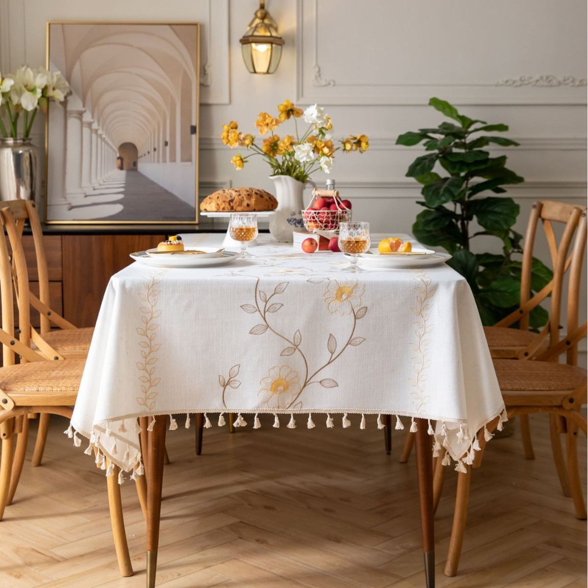 Picture of Rectangular Dining Table Fabric European-style Simple Embroidered Tablecloth Cotton and Linen Artistic Courtyard Outdoor Dining Table Mat Dust-proof and Dirty-resistant