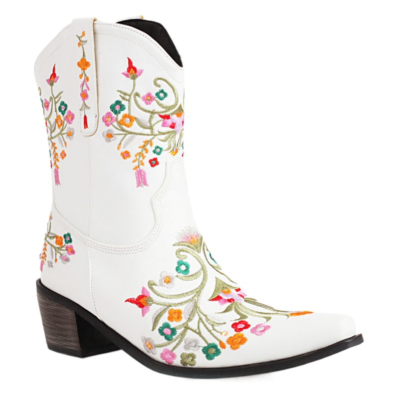 Western Denim short boots for women autumn and winter New European and American square toe chunky heel high heel slimming breathable embroidered short boots mid-calf boots