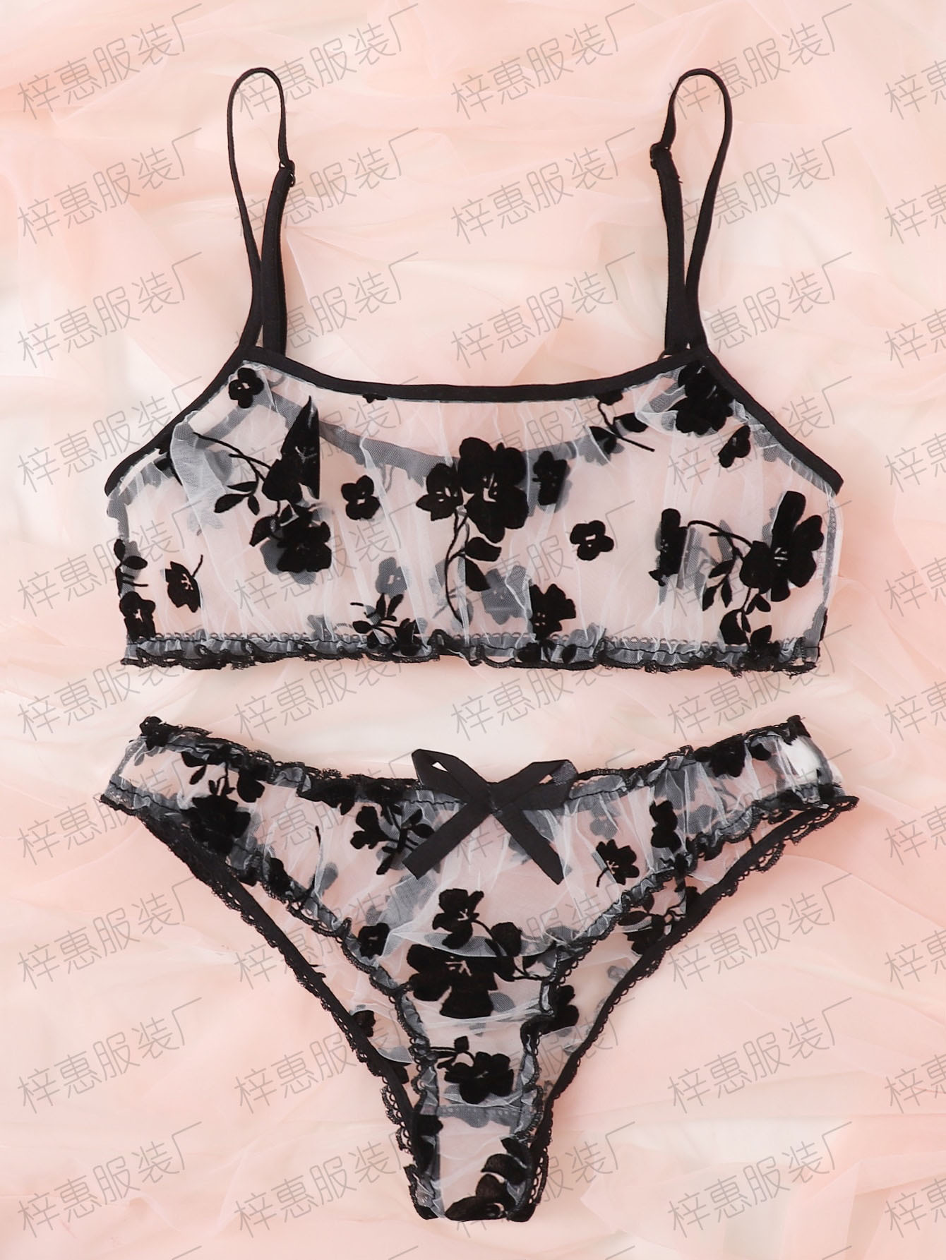 2021 New European and American Sexy Underwear Mesh Printed Black Flocking Suit Three-Piece See-Through Sexy Pajamas