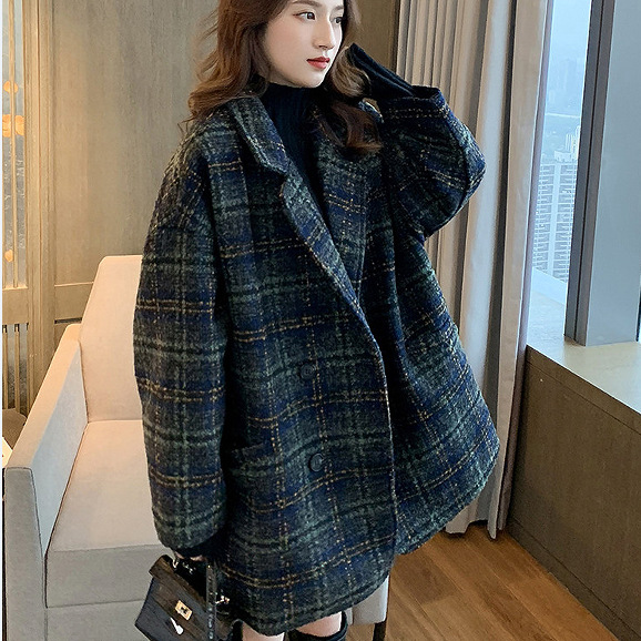 Picture of brown suit coat women's 2025 autumn and winter new popular small plaid tweed long woolen coat