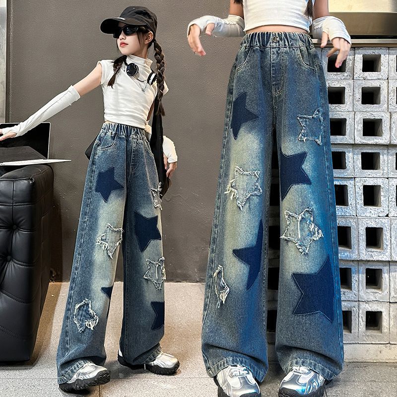 Picture of Girls' Autumn Pants 2025 New Korean Style Middle and Big Kids Loose Fashionable Cloth Embroidered Five-pointed Star Wide-leg Pants