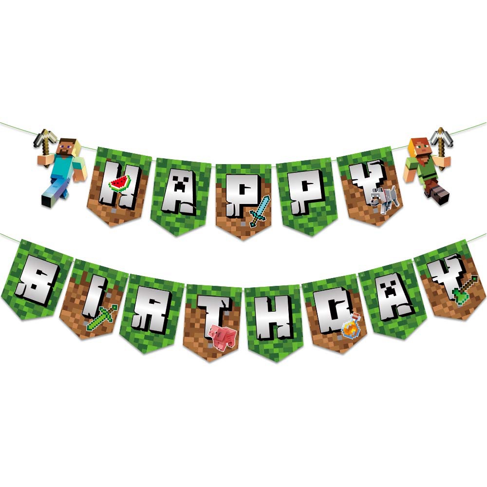 Picture of Minecraft Birthday Party Decoration Set Pixel Wars Happy Birthday Flag Cake Dessert Insert