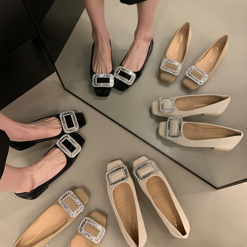 A1001-9 Purple Magic Exquisite Square Buckle Thick Heel Women's Single Shoes Low Heel Square Toe Black Work Wide Fat Feet Large Size Women's Shoes