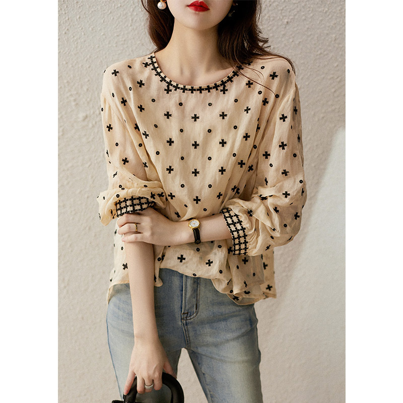 Japanese and Korean Spot Heavy Industry Embroidery Girl High Count Ramie Round Neck Puff Sleeve Babydoll Shirt for Women Xyg482408Mg