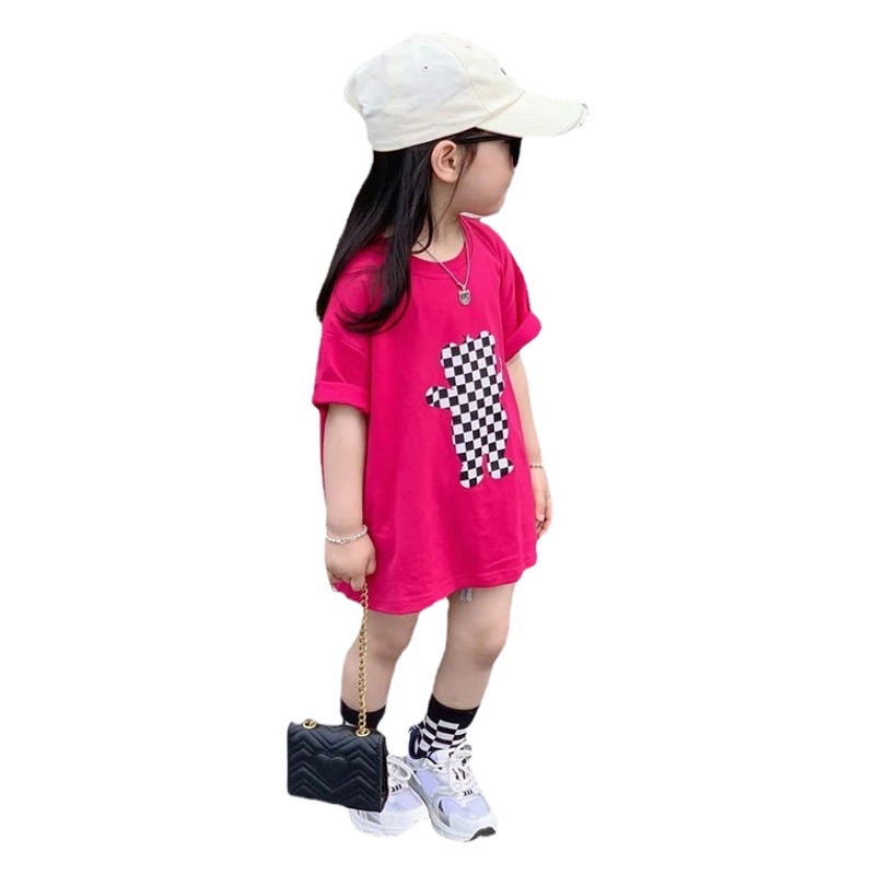 Girls Korean Style Cotton T-shirt 2023 Summer New Loose Children's Wear Cartoon Plaid Bear Children's Trendy Short-sleeved Top