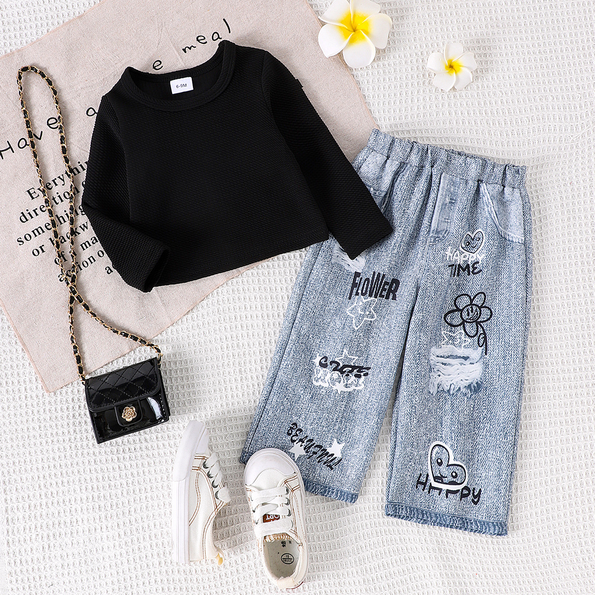 European and American Spring and Autumn Casual Girl's suit Solid Color Long Sleeve Top Printed Trousers Two-Piece Set