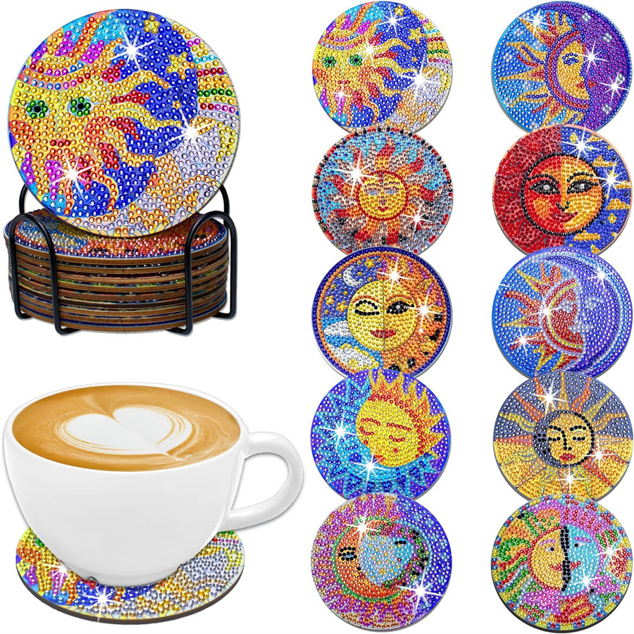 Amazon Best Selling 5D Handmade DIY Wooden Dot Diamond Insulated Anti-Slip Diamond Painting Sun Moon Coaster with Stand